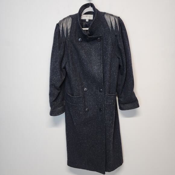 Vintage Maggie Lawrence Trench Coat Size 7/8 Dark Gray Leather Shoulders Wool - Picture 1 of 16